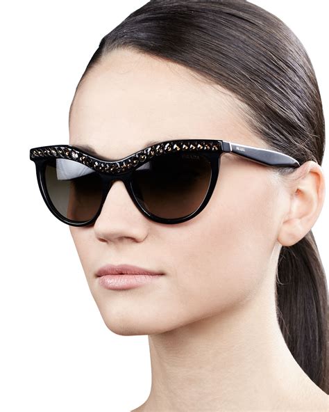 prada crystal-encrusted cat-eye sunglasses|Prada cat eye studded sunglasses.